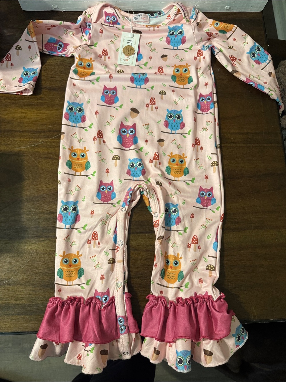Pink Owl Print Ruffle-Hem Baby One-Piece - Long Sleeve